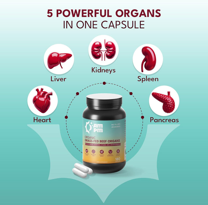 Organic Grass-Fed Beef Organs Proprietary Blend of Liver, Heart, Kidney, Pancreas, Spleen, Freeze-Dried Beef 180 Capsules, No Fillers or Binders
