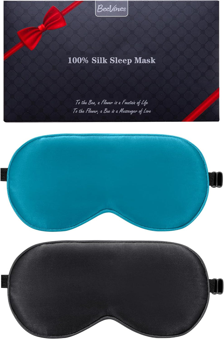 Sleep Mask, 2 Pack 100% Real Natural Pure Silk Eye Masks with Adjustable Strap for Sleeping, Mulberry Silk Eye Sleep Shade Cover, Block Light Reduces Puffy Eyes Traveling Gifts