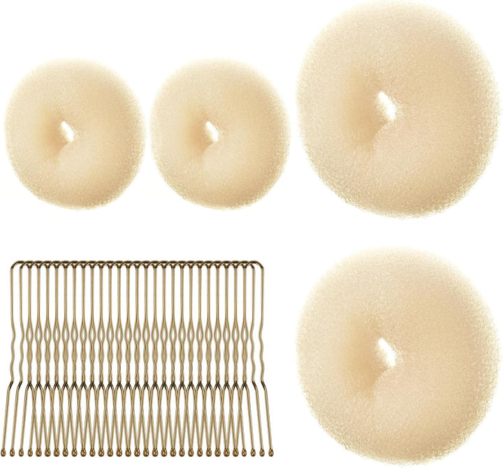 Hair Donut Bun Maker Set, 4 Pcs Ring Style Donut Bun Shaper with 30 Hair Pins, Blonde Chignon Doughnut Bun Hair Accessories for Girls Kids Women DIY Chignon Hair Styles