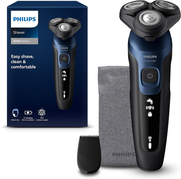 Shaver Series 5000 - Wet & Dry Electric Men'S Shaver in Metallic Blue with Precision Trimmer and Soft Pouch Travel Case (Model S5465/18)