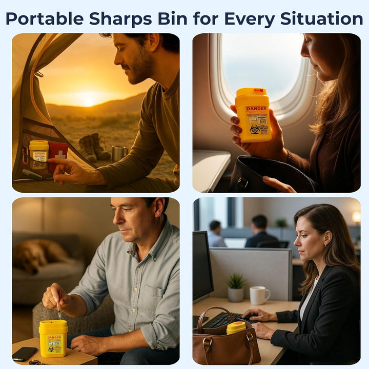 Travel Sharps Bin Mini 4 Container Pack - Small Sharps Box for Needles, Lancets, Razor Blades - Portable Clinical Waste Bin Ideal for Travel, Work, Home - 4 Yellow Needle Disposal Box Size 0.2L Each