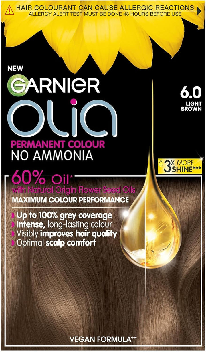 Garnier  5.0 Brown, Oil-Powered, No-Ammonia. 100% Grey Coverage. Luminous, Long-Lasting, Vibrant Brown Hair Color with Exceptional Shine and a Healthy, Nourished Feel.