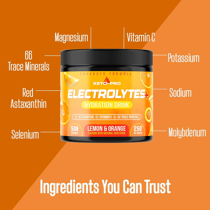 Keto-Pro Keto Electrolytes 250G | Electrolyte Powder Supporting Your Fasting, Health & Fitness Goals | 50 Servings | Lemon Orange Flavour