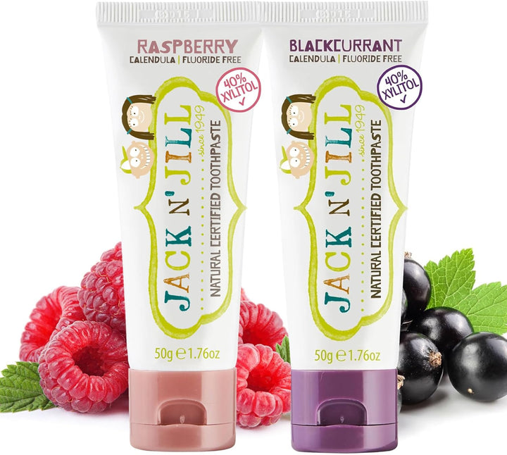 Jack N’ Jill Natural Certified Kids Toothpaste – Fluoride-Free Toddler & Baby Toothpaste with 40% Xylitol, No Sugar, Suitable from 6 Months+, Banana & Strawberry Flavour, Pack of 2 (50G Each)