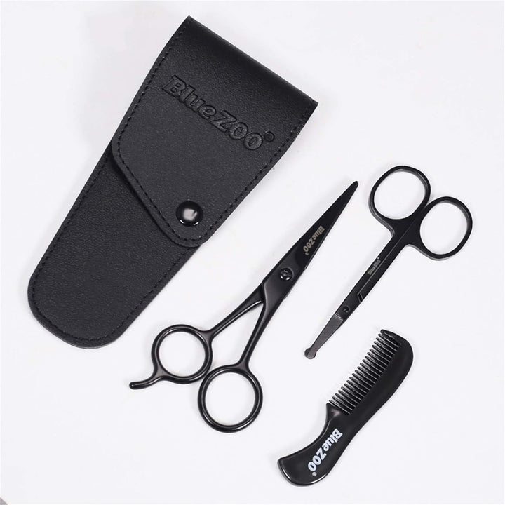 Beard Scissors/Nose Scissors/Mustache Comb Multi Functions Grooming Kit Gift Set Beard Trim Scissor Kit Trimming Nasal Hair for Men with Storage Bag (Black)