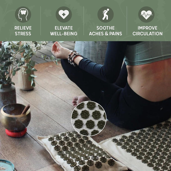 Acupressure Mat and Pillow Set | Coconut and Linen Material | Acupressure Mat for Back and Head | Carrying Bag Included | Acupuncture for Stress and Tension Relief