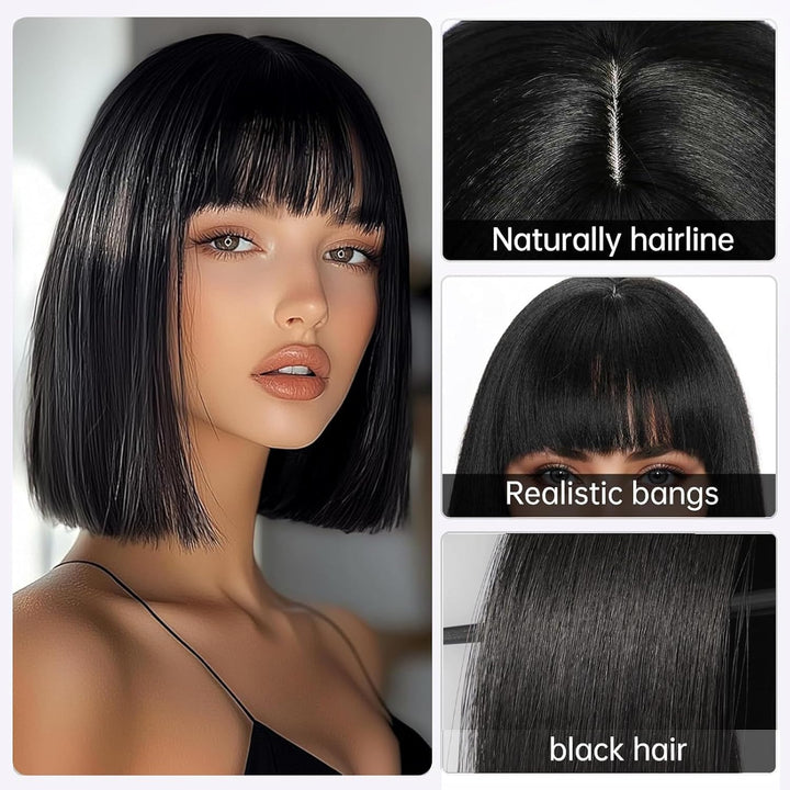 Black Bob Wig for Women, 14" Straight Bob Flat Bangs Short Black Wigs Shoulder Length, Short Bob Straight Wig with Bangs, Carnival Party Cosplay Halloween Hair Wigs for Girls Women