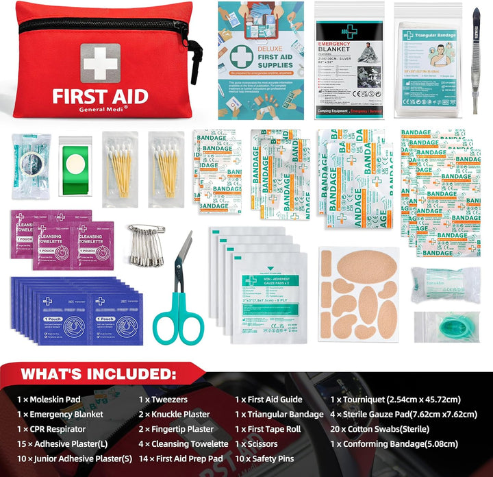 Mini First Aid Kit, 92 Pieces Small First Aid Kit - Includes Emergency Foil Blanket, Scissors for Travel, Home, Office, Vehicle, Camping, Workplace & Outdoor (Red)