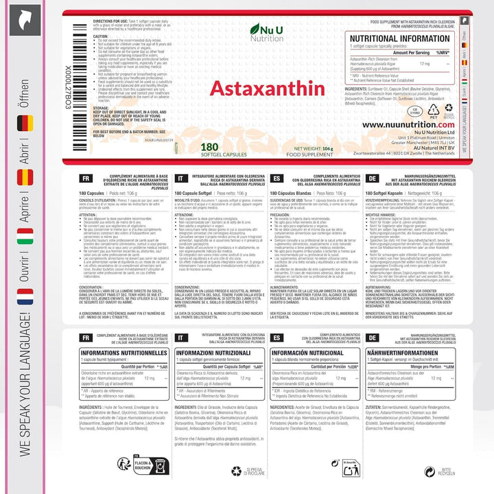 Astaxanthin 12Mg - 180 High Strength Softgel Capsules - 6 Month Supply - Powerful Antioxidant Supplement - Astaxanthin from Haemotococcus Pluvialis Algae - Made in the UK -