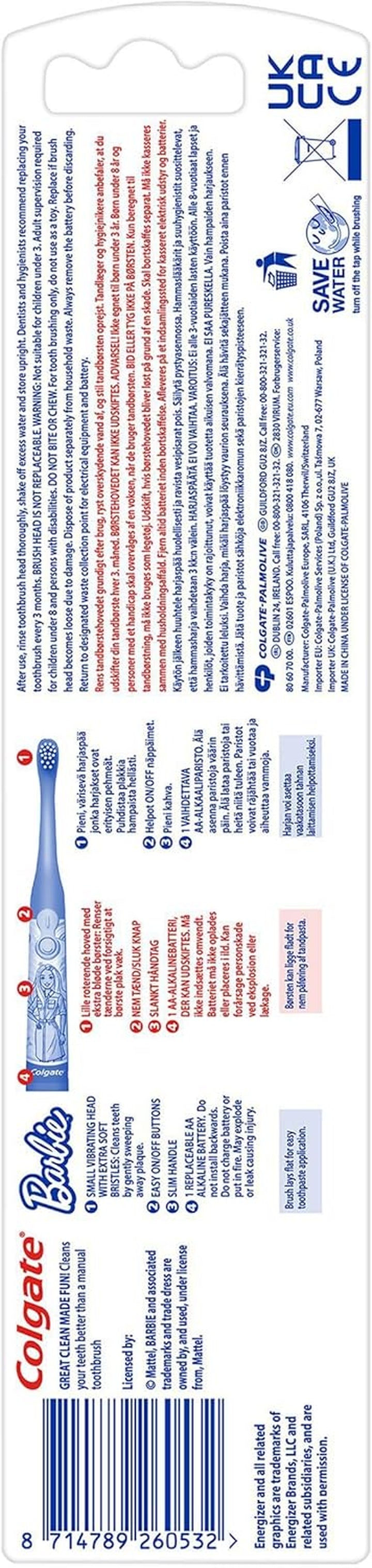 Kids Battery Barbie Extra Soft Bristles Toothbrush, 3+ Years, with Sonic Vibrating Bristles to Remove More Plaque and Slim Easy to Hold Handles