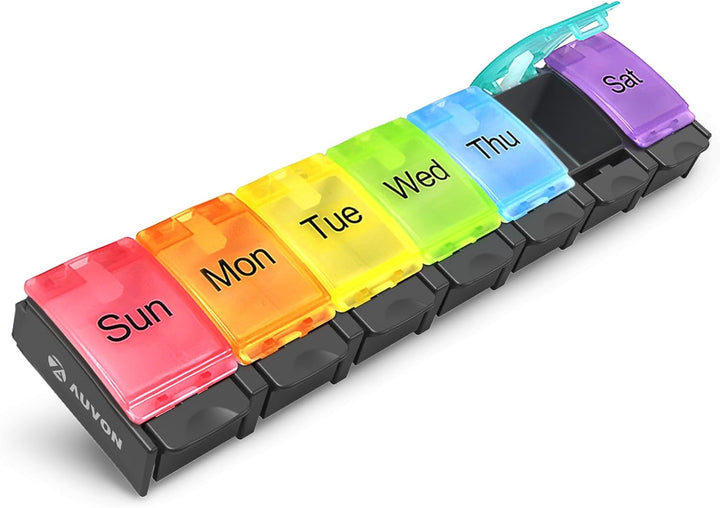 Pill Box, Travel Pill Organiser 7 Day with Spring Open Design, BPA Free Tablet Organiser to Hold Vitamins, Cod Liver Oil, Supplements and Medication - Arthritis Friendly