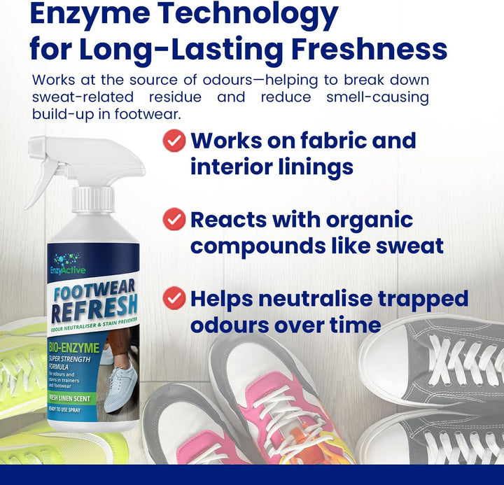 Shoe Refresh & Deodriser Spray Odour Neutraliser Linen Fresh Kick with Enzymes Sweat Eliminator for Trainers, Shoes, Sandals, Hiking Boots, Slippers for Bad Odours from Smelly Feet 500ML