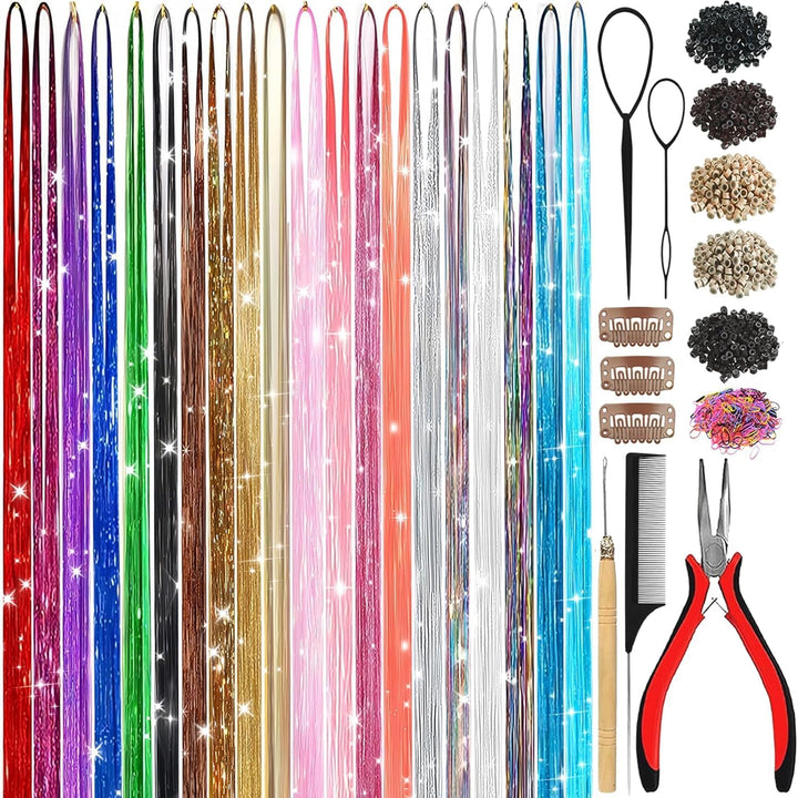 Hair Tinsel,18 Colors Hair Tinsel Kit for Girls 7600 Strands Fairy Tinsel Hair Extensions Holographic Hair Tinsel Heat Resistant Colored Hair Glitter Christmas Party Festival