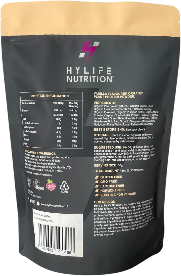 Organic Protein Powder - Vanilla Vegan Protein Powder (450G - 15 Servings) Natural Powdered Ingredients, No Artificial Sweeteners, Dairy, Gluten, Soy Free, Pea Protein