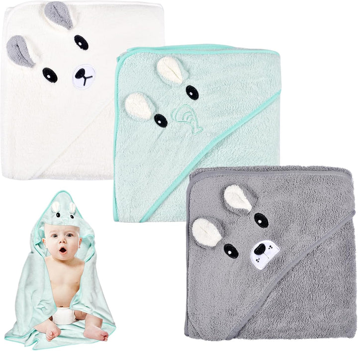 Hooded Towel - 3 Piece Baby Bath Towel Set, 80 X 80 Cm, Soft, Super Absorbent, Cute Unisex Hooded Towel with Pattern, 0-5 Years