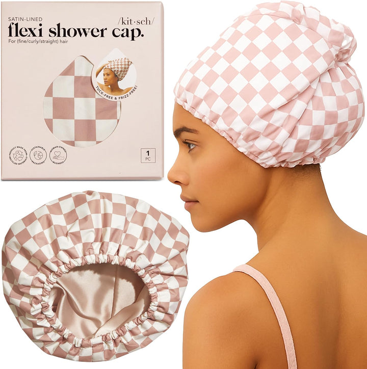 Luxury Shower Caps for Women Reusable Waterproof - Flexi Satin Lined, Large Wide Shower Cap for Women & Men, Adjustable, Stylish Hair Cap for Shower, for Long & Short Hair - Terracotta Checker