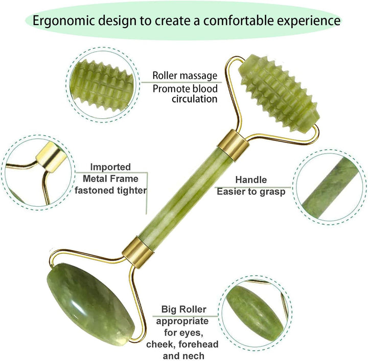 【3 Pcs】Jade Roller & Gua Sha Massage Kits,  Natural Anti-Aging Face Roller for Eye Puffiness Treatment, Skin Tightening, Rejuvenate Face & Neck, Natural Green Massager