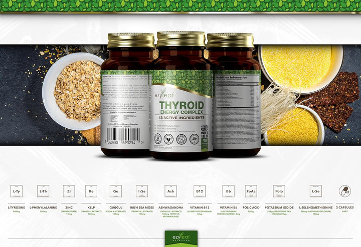 Ezyleaf Thyroid Complex | L Tyrosine Thyroid Support Supplement with Ashwagandha, Iodine, Zinc, Kelp, Sea Moss, Potassium Iodide, Guggul Extract & Selenium | 90 L-Tyrosine Capsules | UK ISO Certified