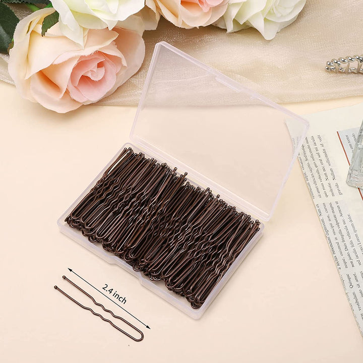 U Shaped Hair Pins, 200 Count Buns Waved U-Shaped Hair Pins for Updos with Box for Women Lady Girls Bobby Pins French Historical Hair Pin Hair Styling Pins Hair Accessories (Brown, 2.4 Inch)