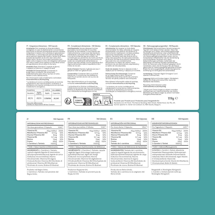 L-Carnitine Complex - High Strength Capsules with Added Riboflavin, Biotin, Chromium, Vitamin D, B3 & B6 - Macronutrient & Energy Yielding Metabolism - 150 Vegan Capsules - Made in the UK by