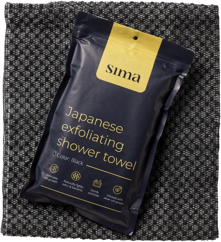 Exfoliating Washcloth Face & Body Scrub Towel - Japanese Exfoliating with Hexagon Fibers, Body Scrubber with 2 Sides for Scrubbing & Washing, Extra Long Towel (Black)