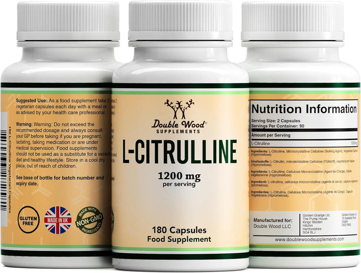 Double Wood L Citrulline | 180 L-Citrulline Capsules - 1200Mg L Citrulline per Serving | 90 Servings | Nitric Oxide Supplement | Promotes Cardiovascular and Muscle Health | Non-Gmo | UK Manufactured