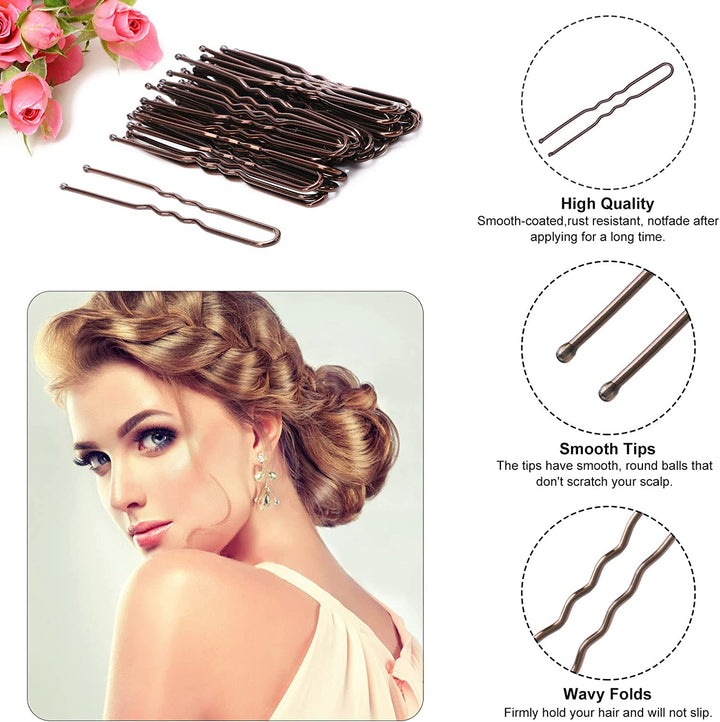 U Shaped Hair Pins, 200 Count Buns Waved U-Shaped Hair Pins for Updos with Box for Women Lady Girls Bobby Pins French Historical Hair Pin Hair Styling Pins Hair Accessories (Brown, 2.4 Inch)