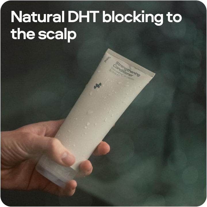 Strengthening Conditioner. DHT Blocking and Anti-Dandruff Formula with Saw Palmetto, Argan Oil, & Biotin. Sulphate & Paraben Free. Itchy Scalp Treatment. 1 Month Supply. Made in Europe.