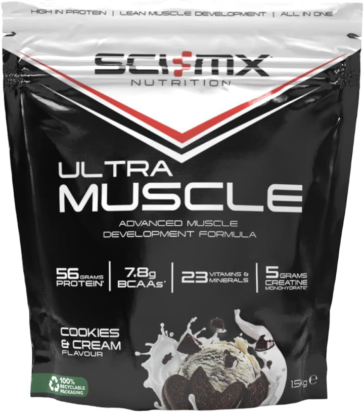 Ultra Muscle - Protein Powder for Muscle Development + 23 Vitamins & Minerals - Strawberry • 5G Creatine + 7.8G Bcaas per Serving • 1.5Kg