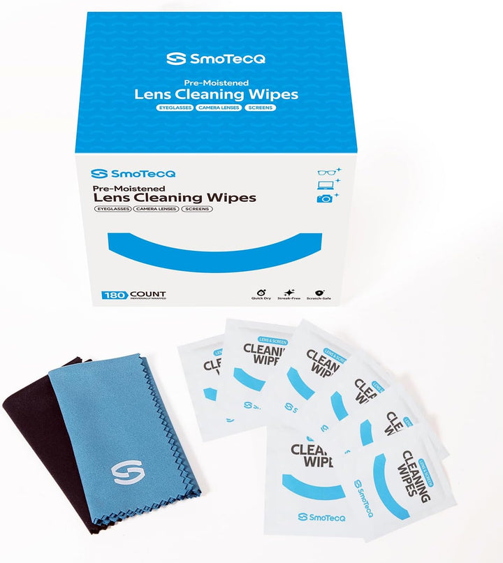 Lens Cleaning Kit – 180 Pre-Moistened Wipes & 2 Ultra-Soft Microfiber Cloths, Individually Wrapped, Streak-Free & Scratch-Free, Safe for Eyeglasses, Screens & Camera Lenses
