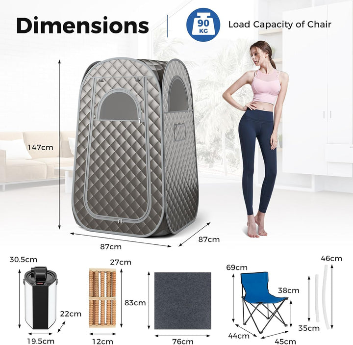 Portable Sauna Steam for Home, Folding Full Body Sauna Tent Steam Room with 3L Steamer Generator, Remote Control & Chair, Pop-Up Personal Home Sauna Pod Box for Therapy Detox Slimming (Grey)