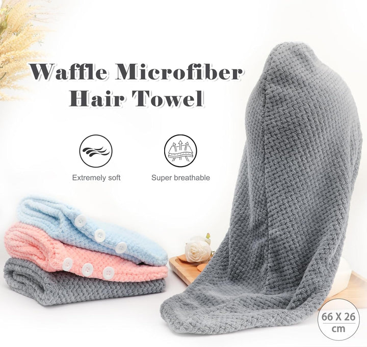 3-Pack Microfibre Hair Towel Wrap, Anti-Frizz Turbans, Super Absorbent and Soft Hair Drying Towel with 3 Adjustable Buttons for Women Men Kids Wet Curly Long Plopping