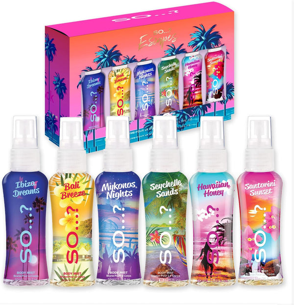 Escapes Grande Womens Gift Set with Ibiza Dreams, Bali Breeze, Mykonos Nights, Santorini, Seychelle Sands, Hawaiian Honey, Body Mist Fragrance Spray Set (6 X 50Ml.)§