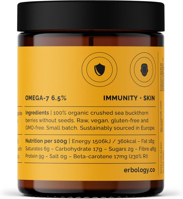 Organic Sea Buckthorn Powder 50G - 50 Servings - Skin Health and Immunity Support - Rich in Omega-7 (6.5%), Vitamin C and Beta-Carotene - Seeds Removed, More Concentrated - Vegan - Gmo-Free