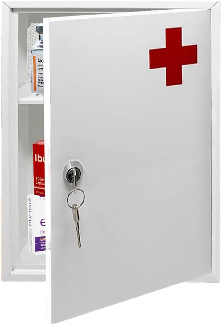 First Aid Medical Cabinet Safe Storage Box with Lock & Key - Use at Home, Bathroom, Office, School, Lab Medication Kit | Wall Mounted with Fixings Included | Lockable, Child Proof & Comes with 2 Keys