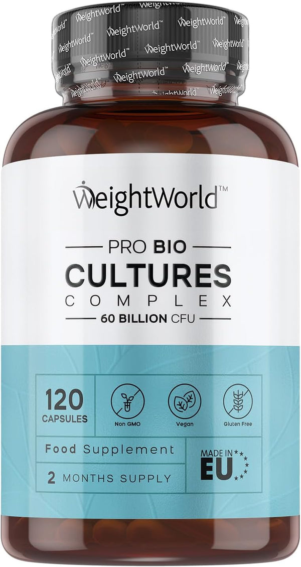 Bio Cultures Complex Probiotics & Prebiotics - 60 Billion CFU - 2 Months Supply - 120 Capsules - 20 Live Bio Cultures - Lactobacillus & Bifidobacterium Strains - Vegan Probiotic Complex Capsules
