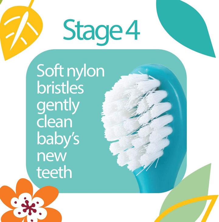 Oral Care Set with Stand; 4-Stage System with 1 Silicone Finger Massager, 2 Massaging Brushes, 1 Soft Nylon Bristle Toddler Toothbrush; 0+ Months, Blue & Aqua