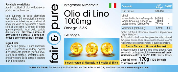 ® - Linseed Oil 1000 Mg - 120 Softgels - Essential Fatty Acids Omega 3 6 9 - Easy to Swallow