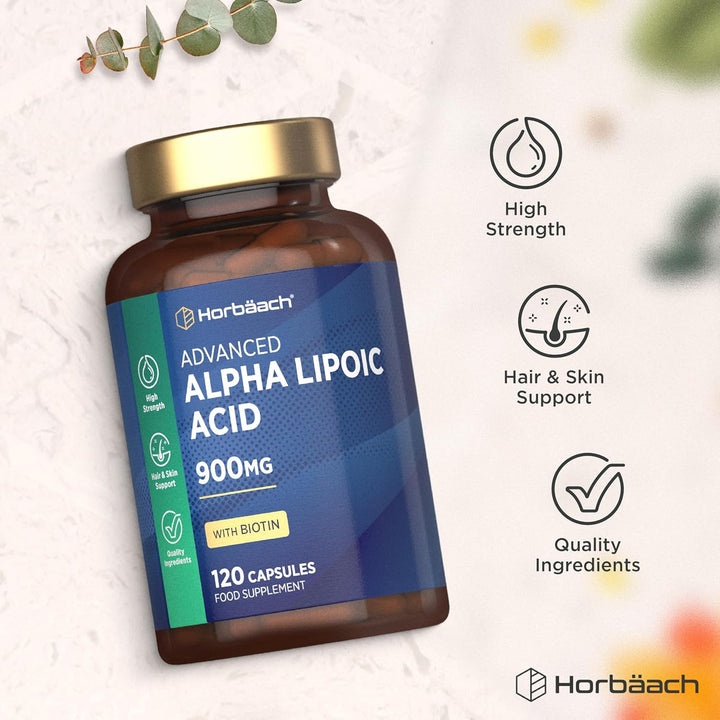 Alpha Lipoic Acid 900Mg | 120 High Strength ALA Capsules | Complex with 999Ug of Biotin | by