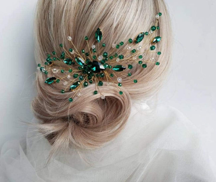 Women Gold Headpiece Teardrop Emerald Green Crystal Hair Vine Comb Wedding Hair Accessory Rhinestone Hair Piece Gift for Her Party Headress for Bride Bridesmaid Girls(Gold)