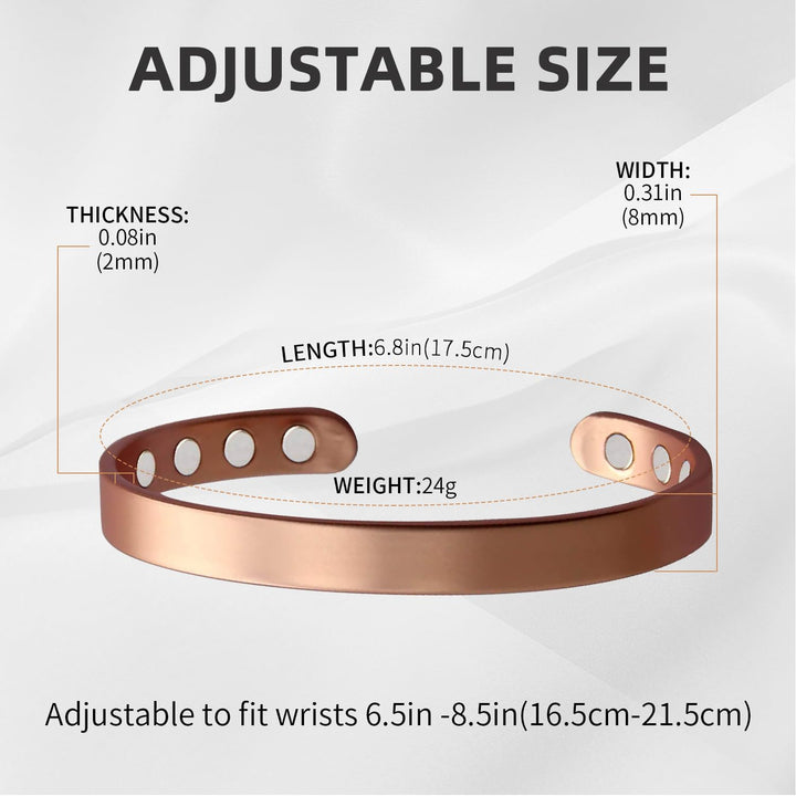 Copper Magnetic Bracelet for Men and Women 99.9% Pure Copper Bangle 6.8" Adjustable with 8 Magnets (Plain Design)