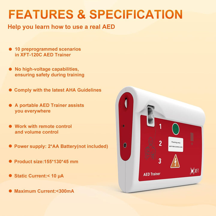 AED Trainer, Portable Defibrillator Trainer Set CPR Training Device with Remote Control, English and German Voice Prompts, 10 Different Scenarios, First Aid Defibrillator Trainee Beginner ( 120C)
