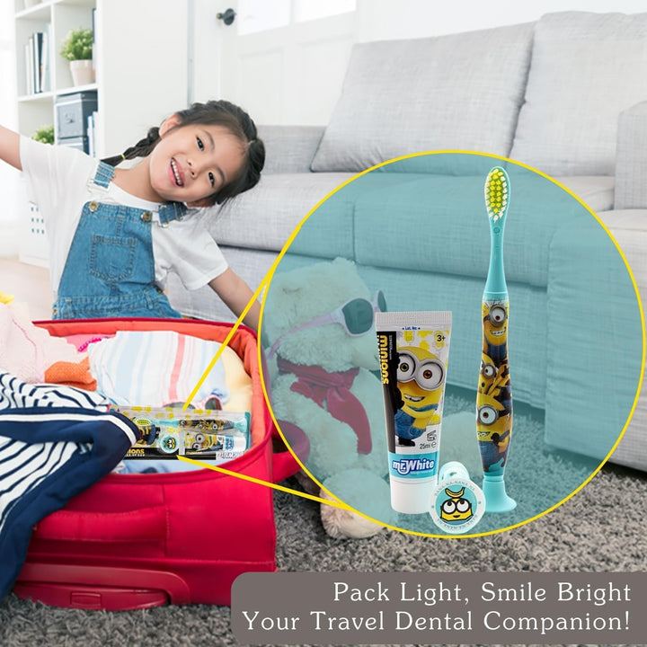 Minions Kids Toothbrush Travel Set – Includes Strawberry-Flavoured Toothpaste & Soft-Bristle Toothbrush with Suction Cup & Protective Cap | Travel-Friendly Oral Care Kit for Children Ages 3+