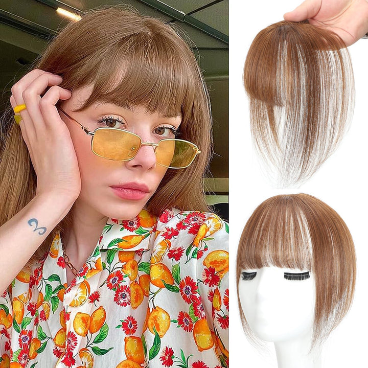 Clip in Fringe - Bangs Hair Clip in Bangs 100% Real Human Hair Extensions Clip on Air Bangs for Women Fringe with Temples Hairpieces Curved Bangs (Dark Brown, French Bangs)