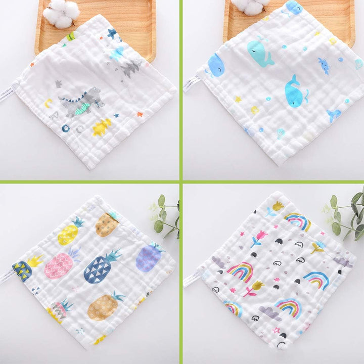 Baby Muslin Washcloths, Muslin Squares Organic 100% Cotton Natural Baby Face Towels, 5 Pack Reusable Extra Soft Newborn Baby Wipes, 6 Layers Bath Shower Wash Cloths with Printed Design, 10X 10 Inches