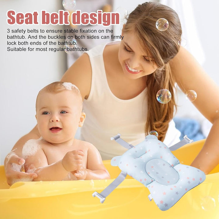 Baby Bath Cushion Bathtub Pad - Anti-Slip Babys Baths Cushions Mats, Soft and Comfortable Bathes Shower Accessories, Care Pads with Buckles and 3 Safety Belts for Home Traveling Use