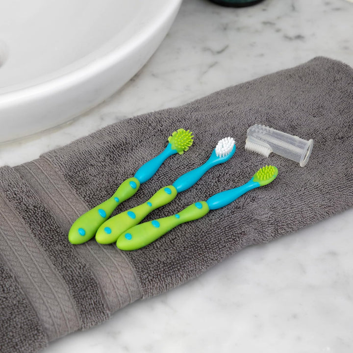 Oral Care Set with Stand; 4-Stage System with 1 Silicone Finger Massager, 2 Massaging Brushes, 1 Soft Nylon Bristle Toddler Toothbrush; 0+ Months, Blue & Aqua