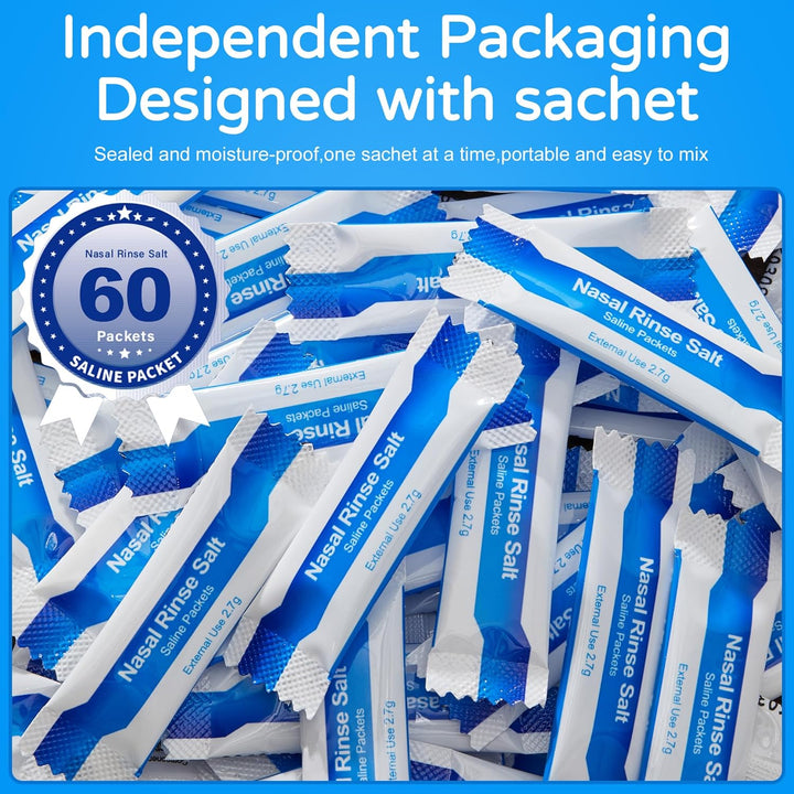 Nasal Rinse Salt Packets for Sinusitis, Allergies and Cold Relief - 60 Individually Wrapped Packets