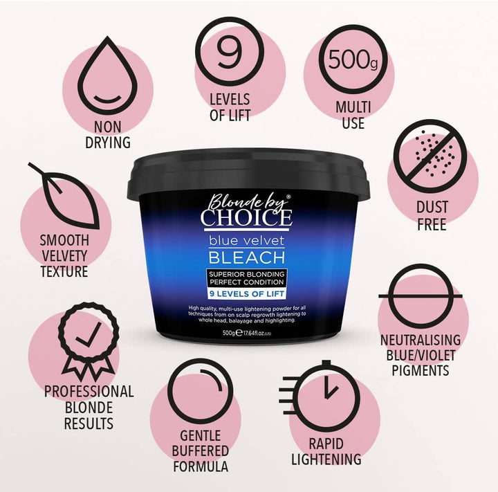 Professional Hair Bleach,  Blue Velvet, Premium Hair Lightener, 9 Levels of Lift, Inbuilt Blonde Toner, Perfect Bleach Hair Dye for Root Touch Up, Highlights, Balayage, Ombre (500G)