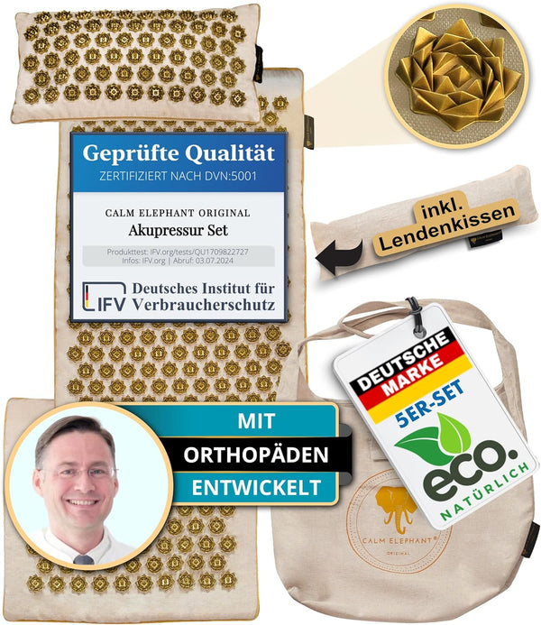 Genuine XXL Acupressure Mat 5-Piece Set with Ergonomic Pillow, Lumbar Pillow, Foot Mat, Bag – Relieves Back, Neck & Shoulders, Reduces Stress, Meditation - Beige